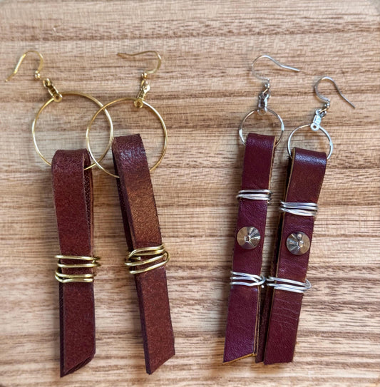 Studded Brown Leather Strip Earrings Wrapped With Silver Wire