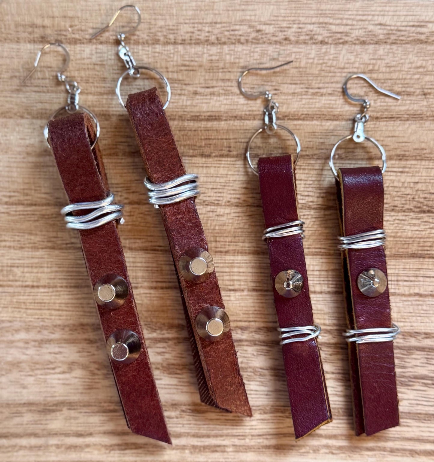 Studded Brown Leather Strip Earrings Wrapped With Silver Wire