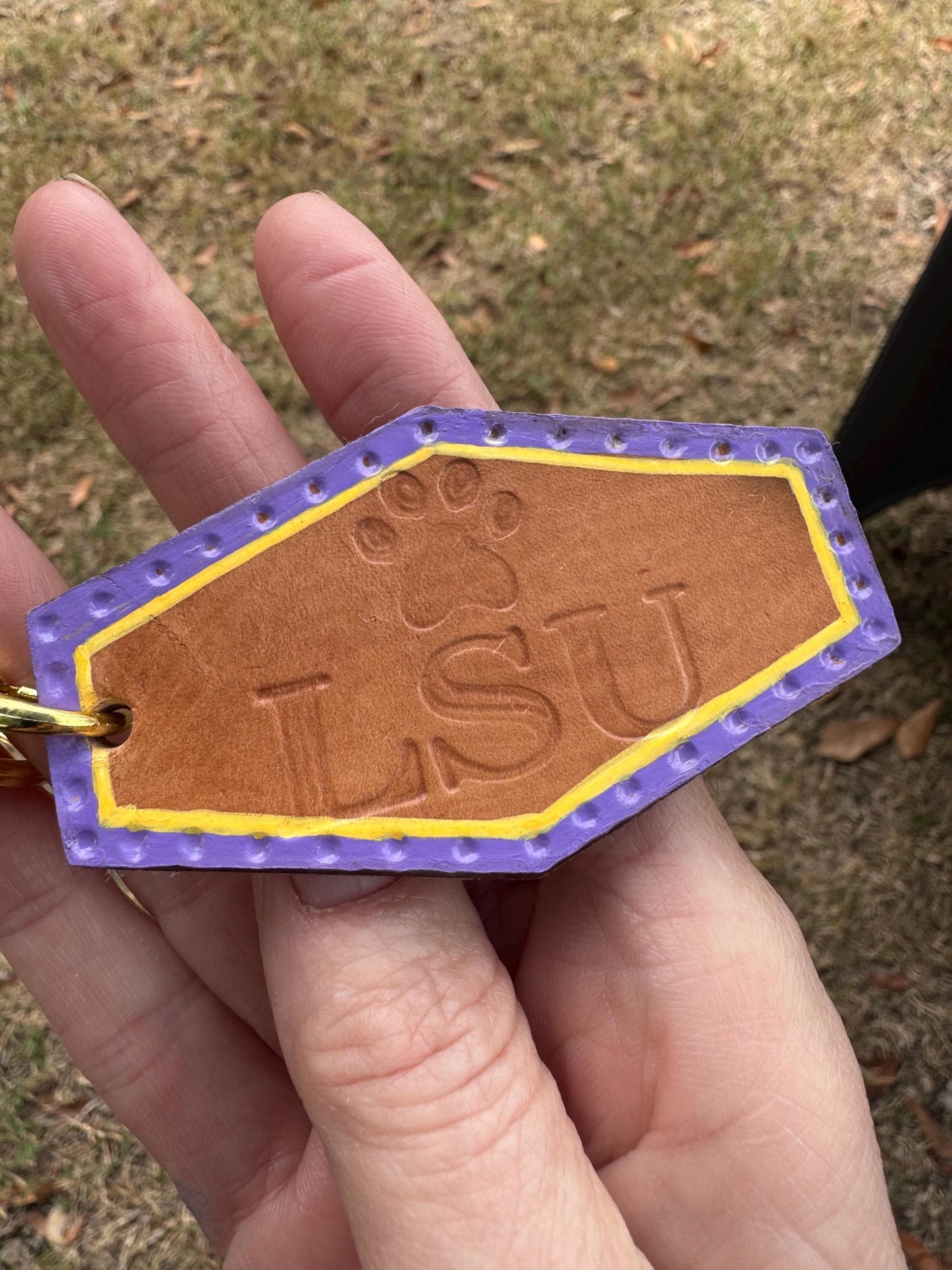 Custom Hand-Tooled LSU Leather Keychain