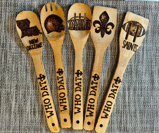 Custom Engraved Bamboo Cooking Utensil Set, New Orleans Saints Theme