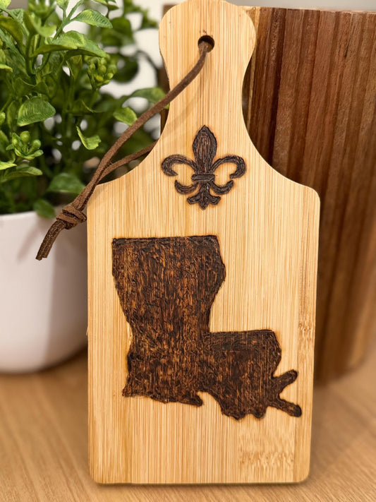 Hand-Engraved State Outline On Mini Wooden Cutting Board, Louisiana Kitchen Gifts And Decor