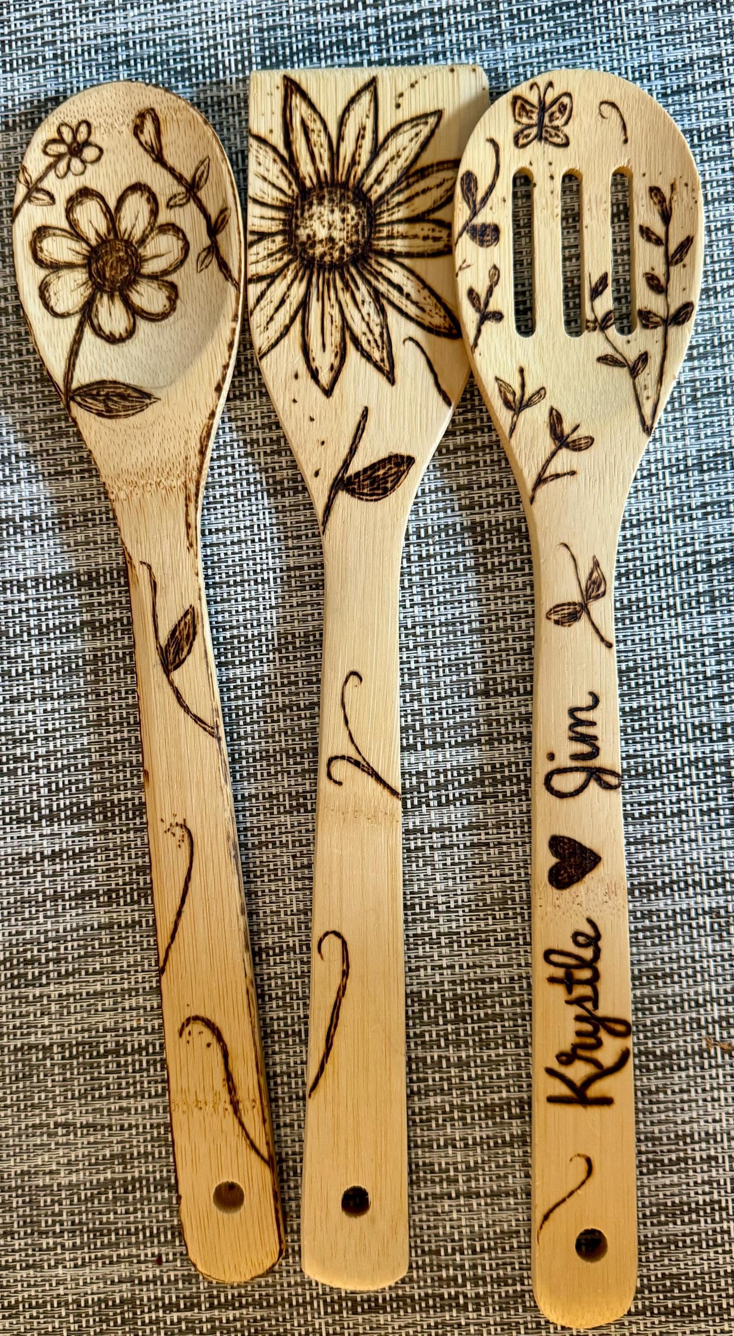 Custom Engraved Floral Bamboo Cooking Utensil 3 Pc Set With Optional Personalization