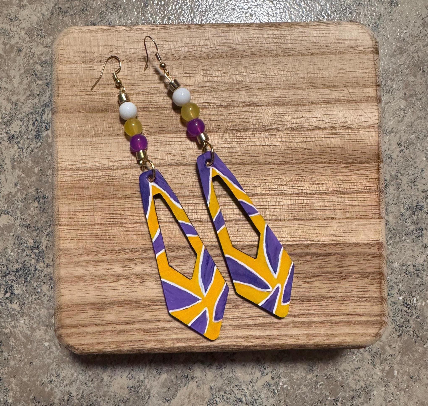 LSU Hand-Painted Purple And Gold Leather Dangle Earrings