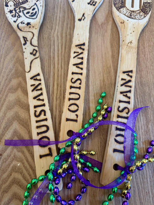 Mardi Gras Bamboo Utensil Set: Hand-Burned Louisiana Kitchen Decor