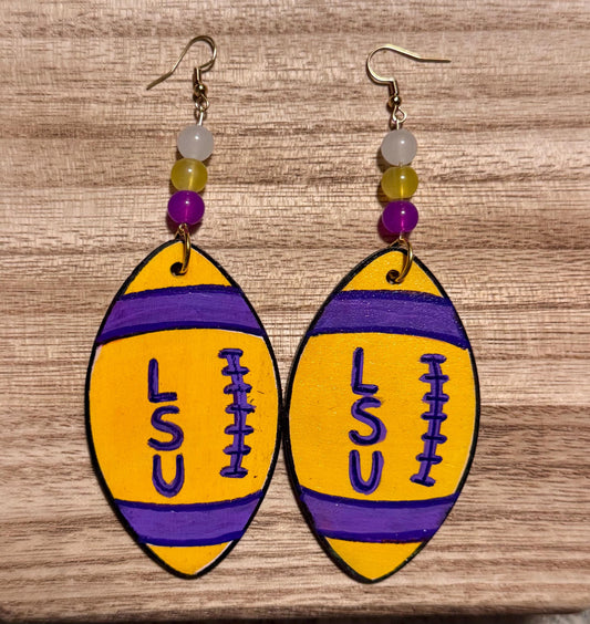LSU-Themed Purple And Gold Football Shaped Wooden Earrings
