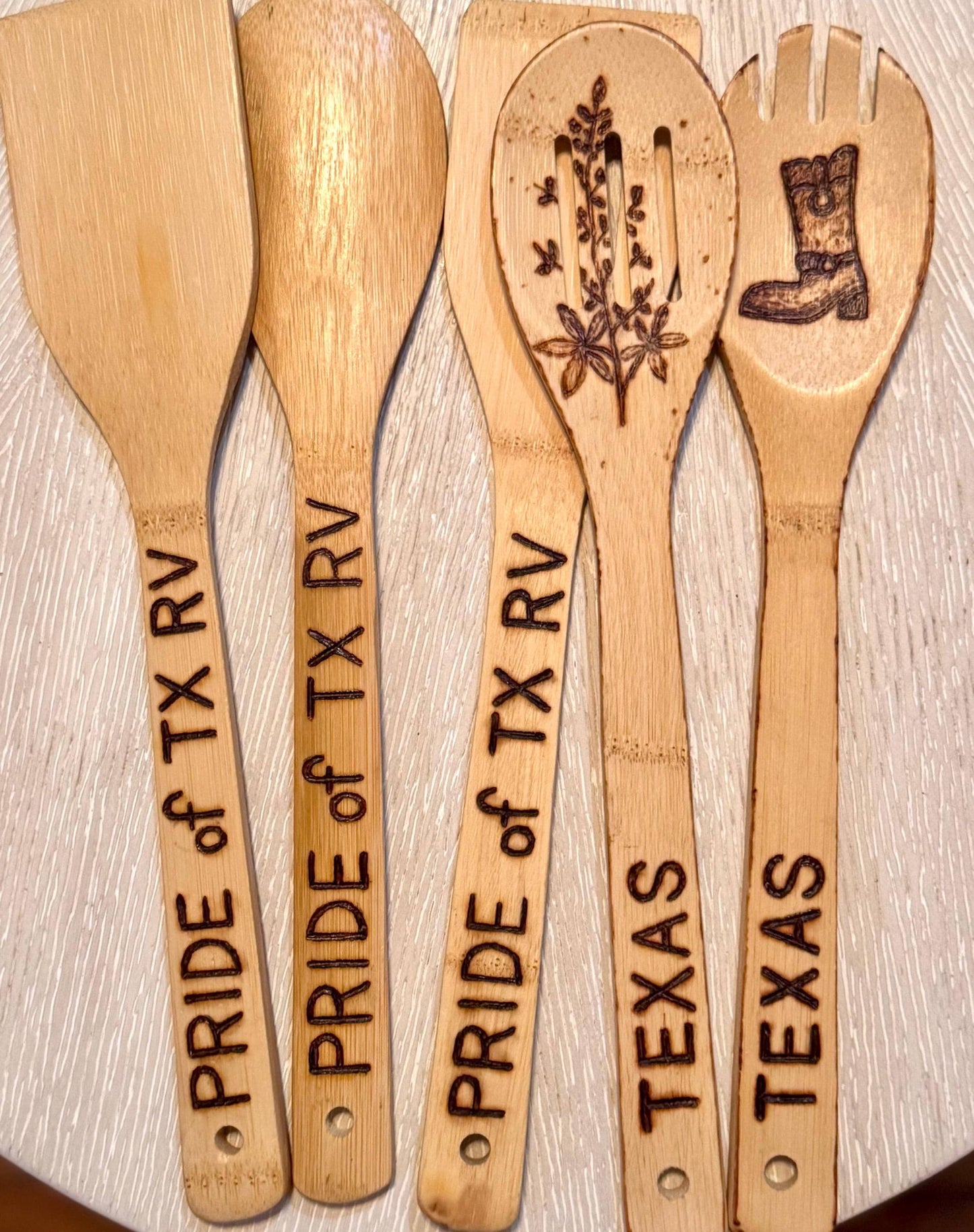 Custom Texas-Inspired Bamboo Cooking Utensil 5 Pc Set With Optional Personalization