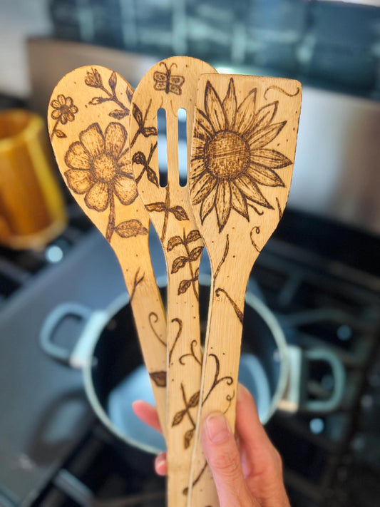 Hand-Engraved Floral Bamboo Cooking Utensil Set With Optional Personalization, Unique Kitchen Gift Set