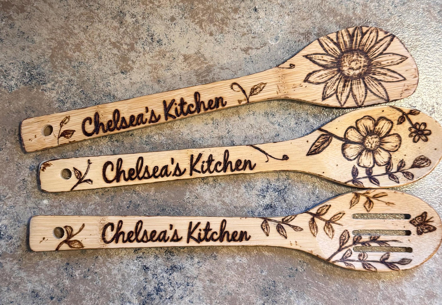 Hand-Engraved Floral Bamboo Cooking Utensil Set With Optional Personalization, Unique Kitchen Gift Set
