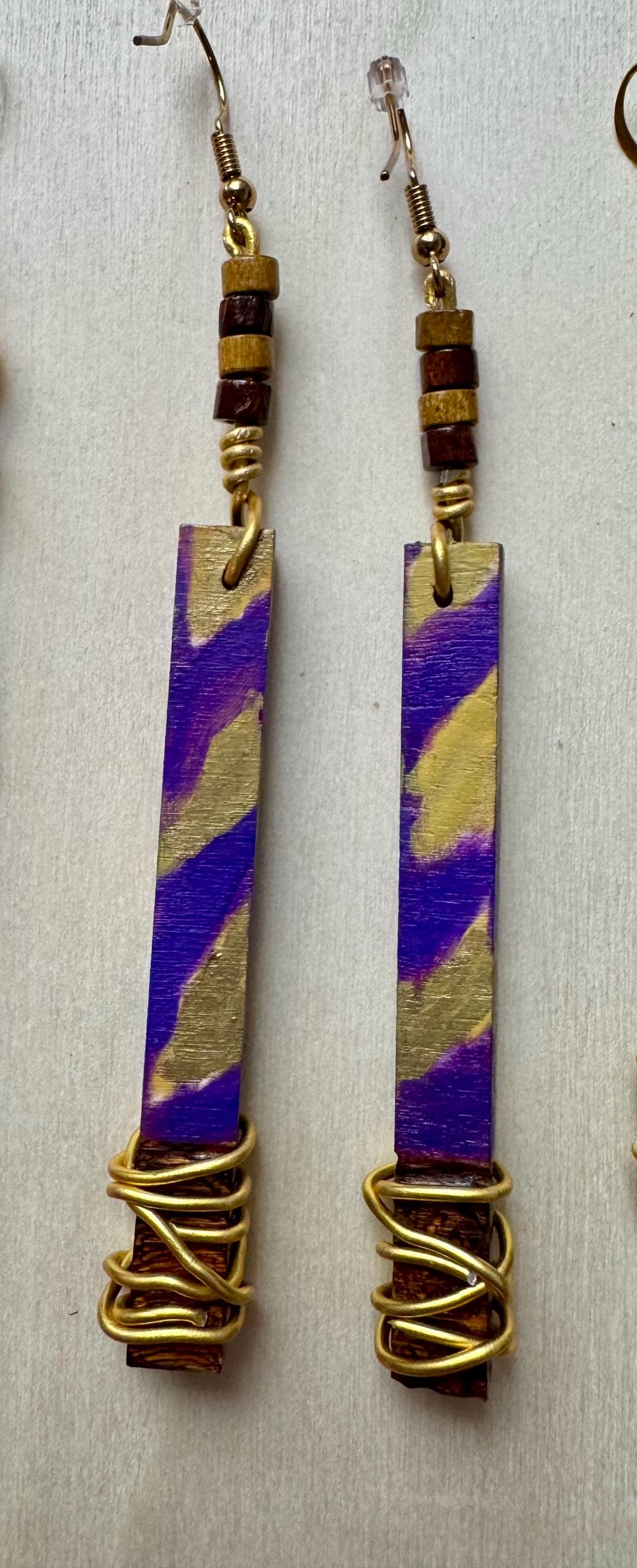 LSU-Themed Wooden Dangle Earrings: Hand-Painted Purple and Gold Tiger Stripes
