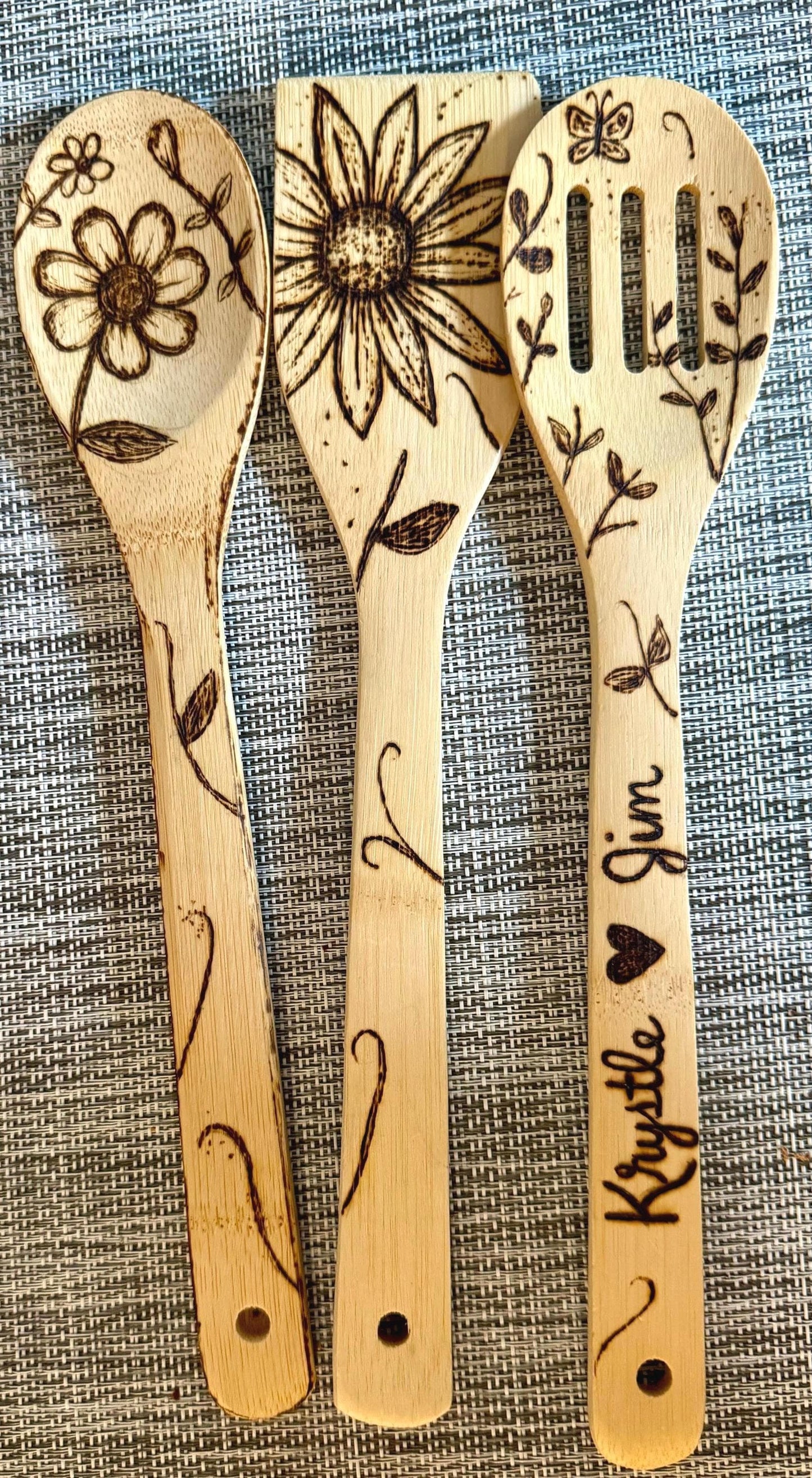 Personalized Hand-Engraved Bamboo Cooking Utensil 3 Piece Set, Custom Kitchen Gift Set, Wooden Cooking Utensils With Floral Engraved Design