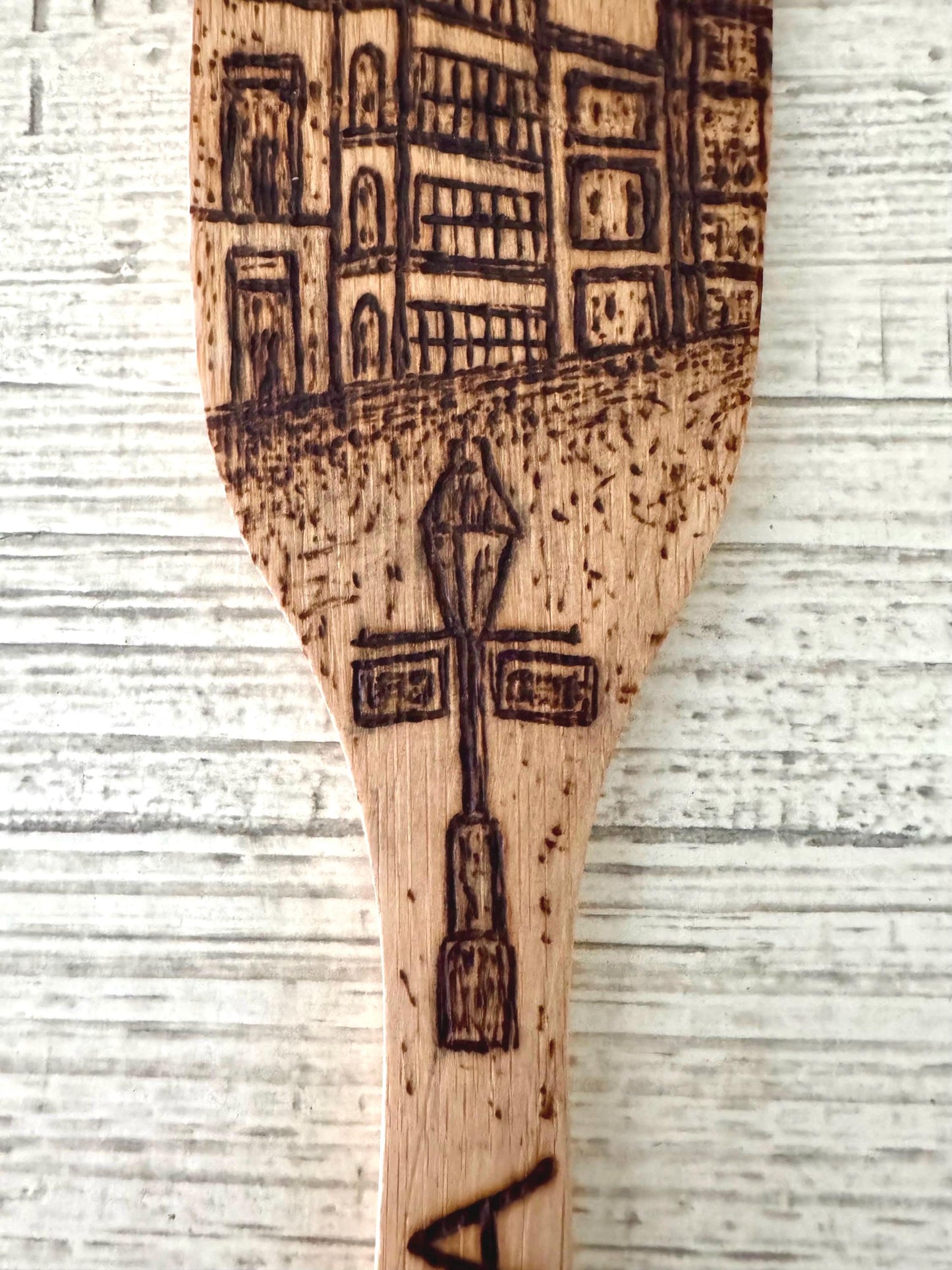Custom Engraved Bamboo Wooden Spatula: Hand-Wood Burned Bourbon Street Scene, New Orleans, Louisiana Art And Gifts