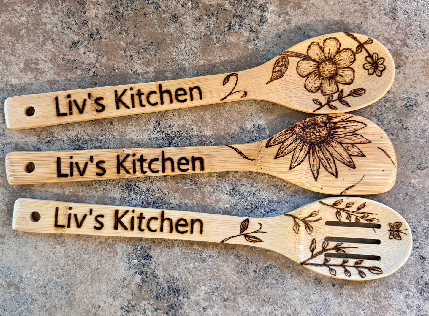 Custom Engraved Floral Bamboo Cooking Utensil 3 Pc Set With Optional Personalization
