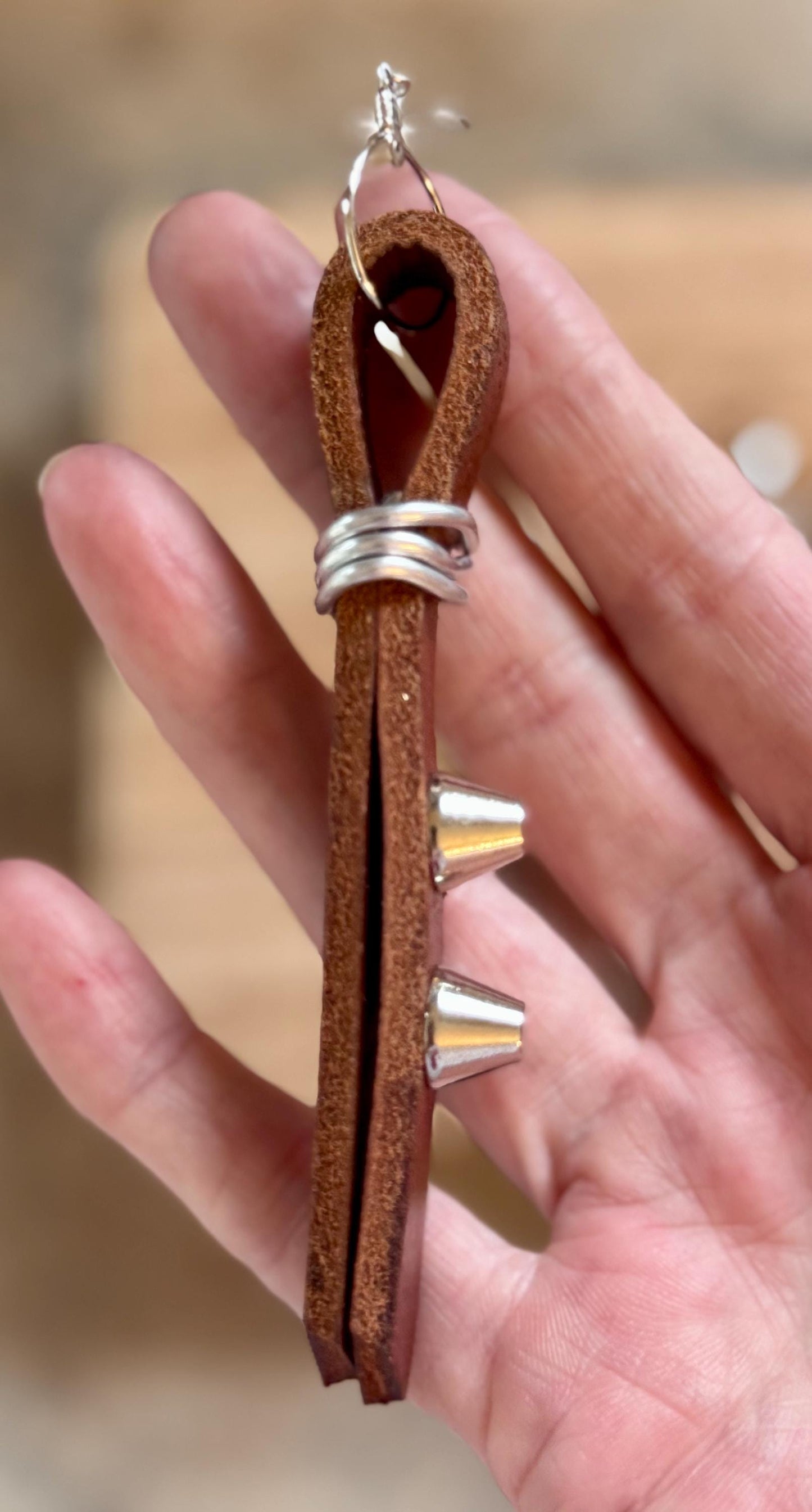 Studded Brown Leather Strip Earrings Wrapped With Silver Wire