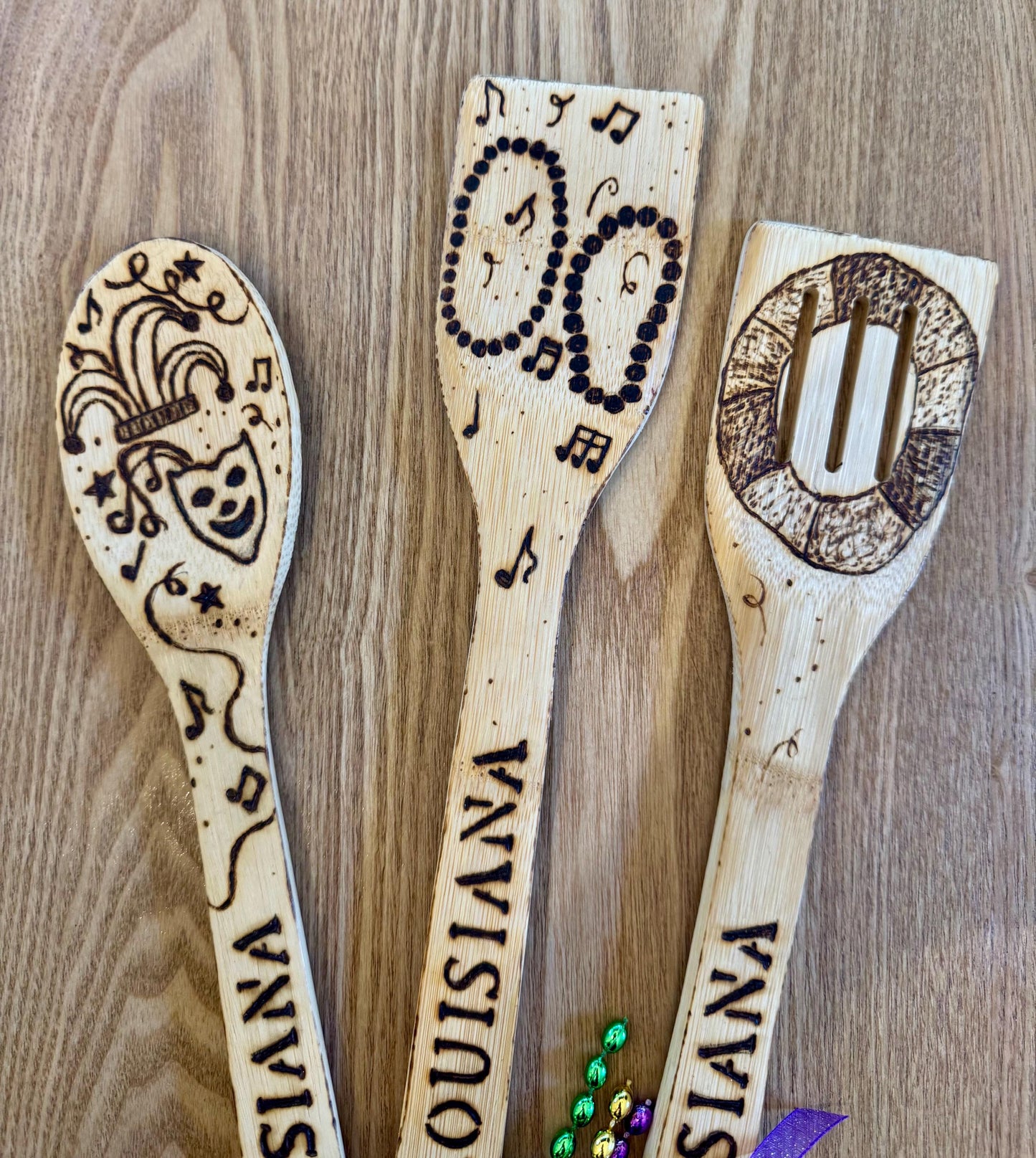 Mardi Gras Bamboo Utensil Set: Hand-Burned Louisiana Kitchen Decor