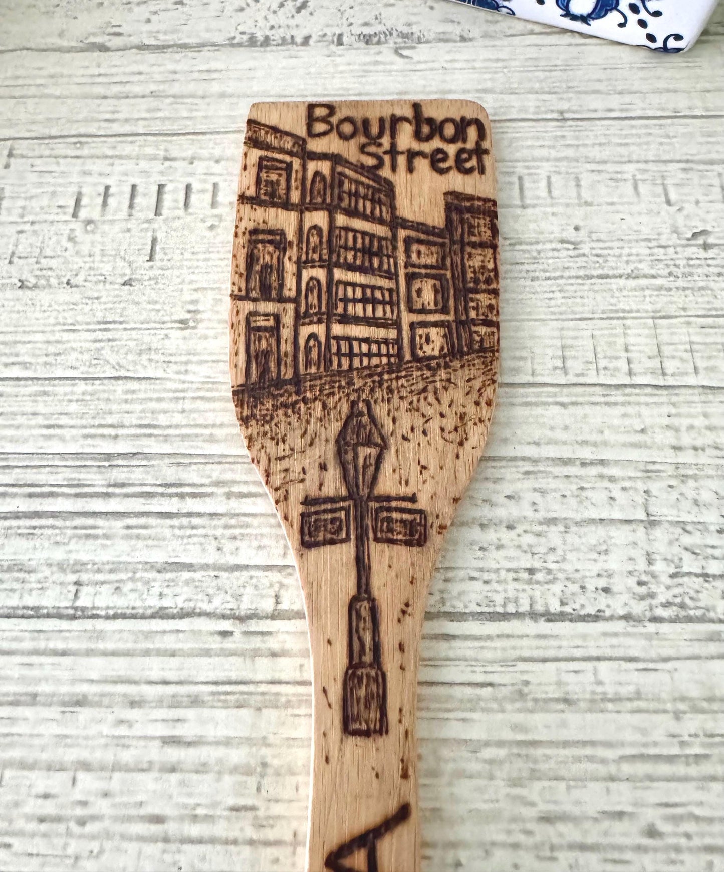 Custom Engraved Bamboo Wooden Spatula: Hand-Wood Burned Bourbon Street Scene, New Orleans, Louisiana Art And Gifts