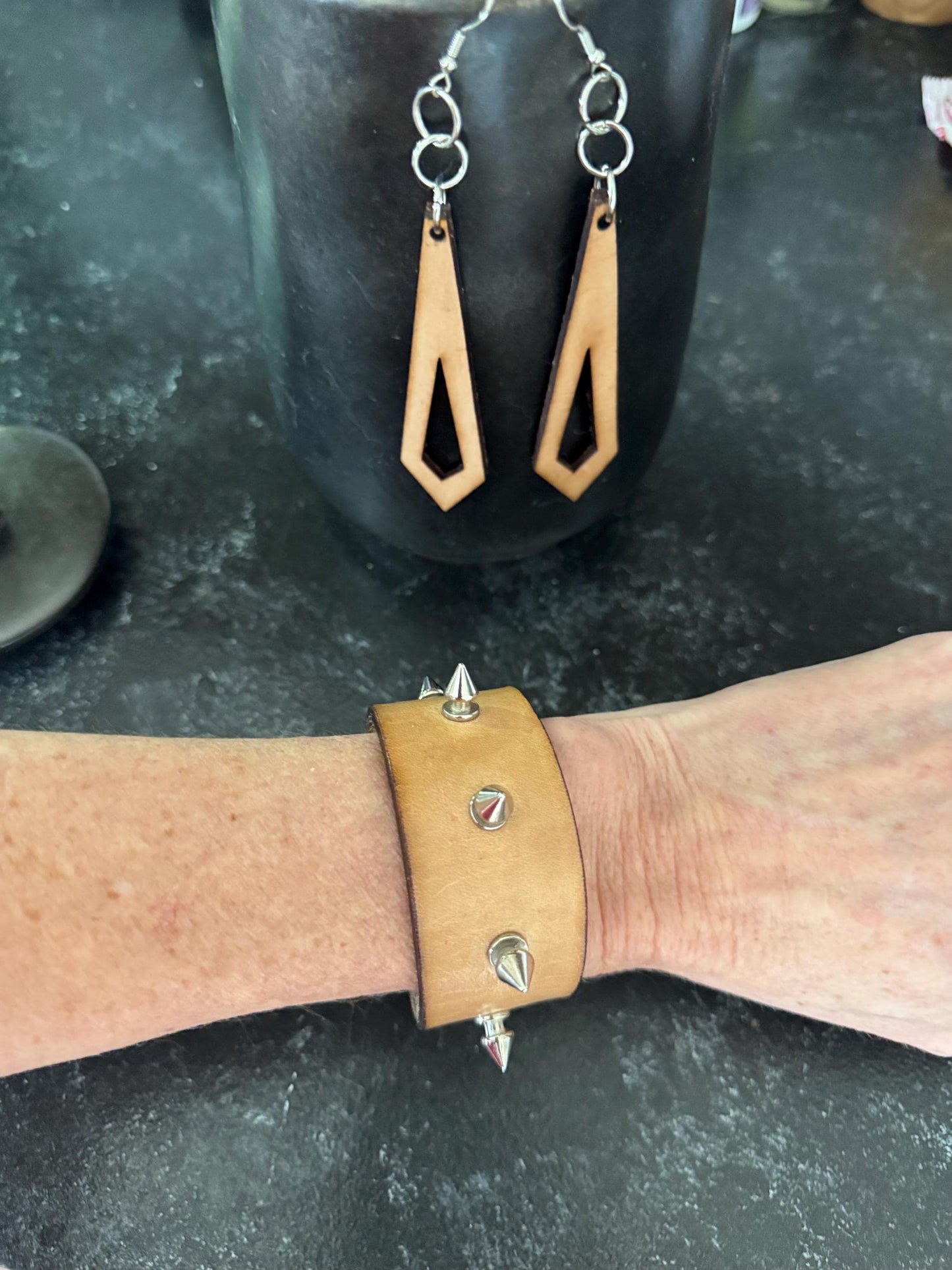 Custom Studded Tan Leather Cuff: Spiked Punk Bracelet