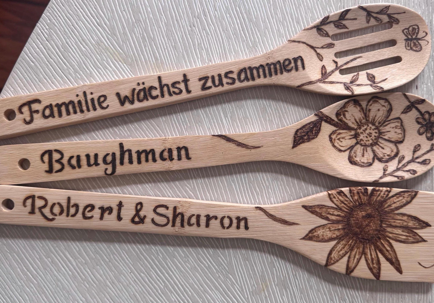 Custom Engraved Floral Bamboo Cooking Utensil 3 Pc Set With Optional Personalization
