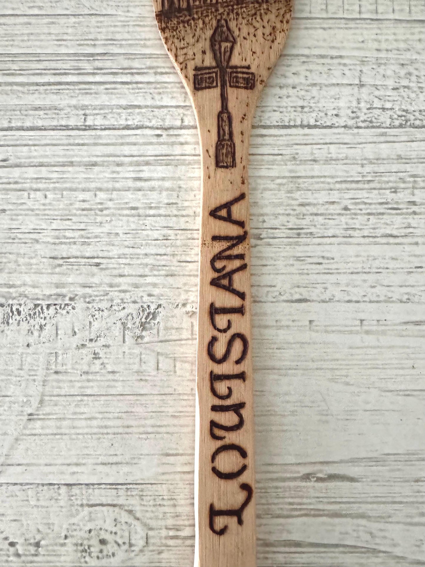 Custom Engraved Bamboo Wooden Spatula: Hand-Wood Burned Bourbon Street Scene, New Orleans, Louisiana Art And Gifts