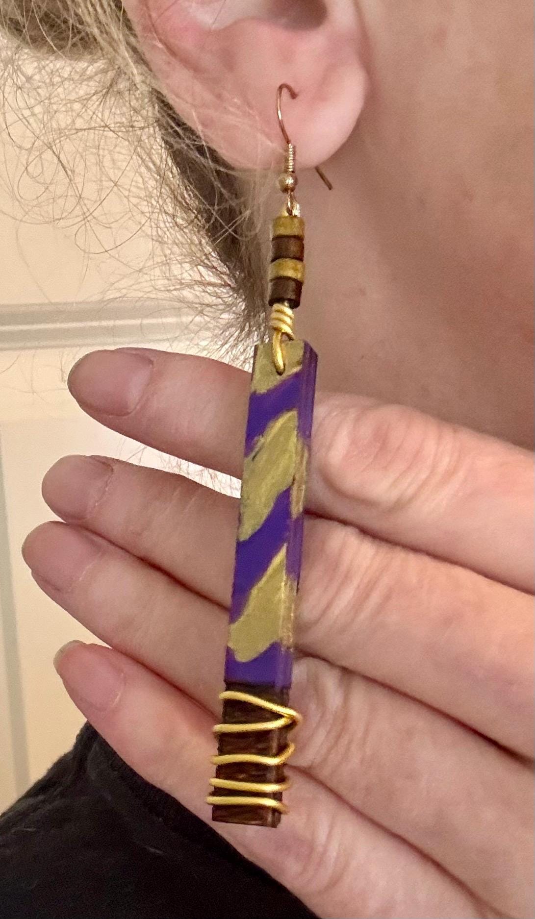 LSU-Themed Wooden Dangle Earrings: Hand-Painted Purple and Gold Tiger Stripes