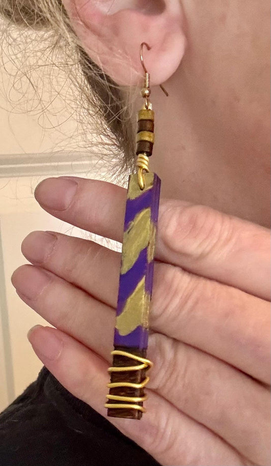 LSU-Themed Wooden Dangle Earrings: Hand-Painted Purple and Gold Tiger Stripes