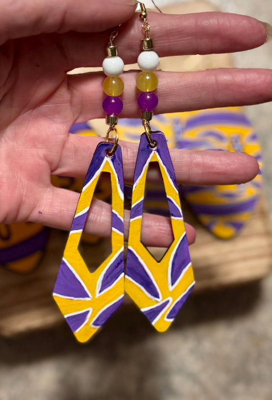 LSU Hand-Painted Purple And Gold Leather Dangle Earrings