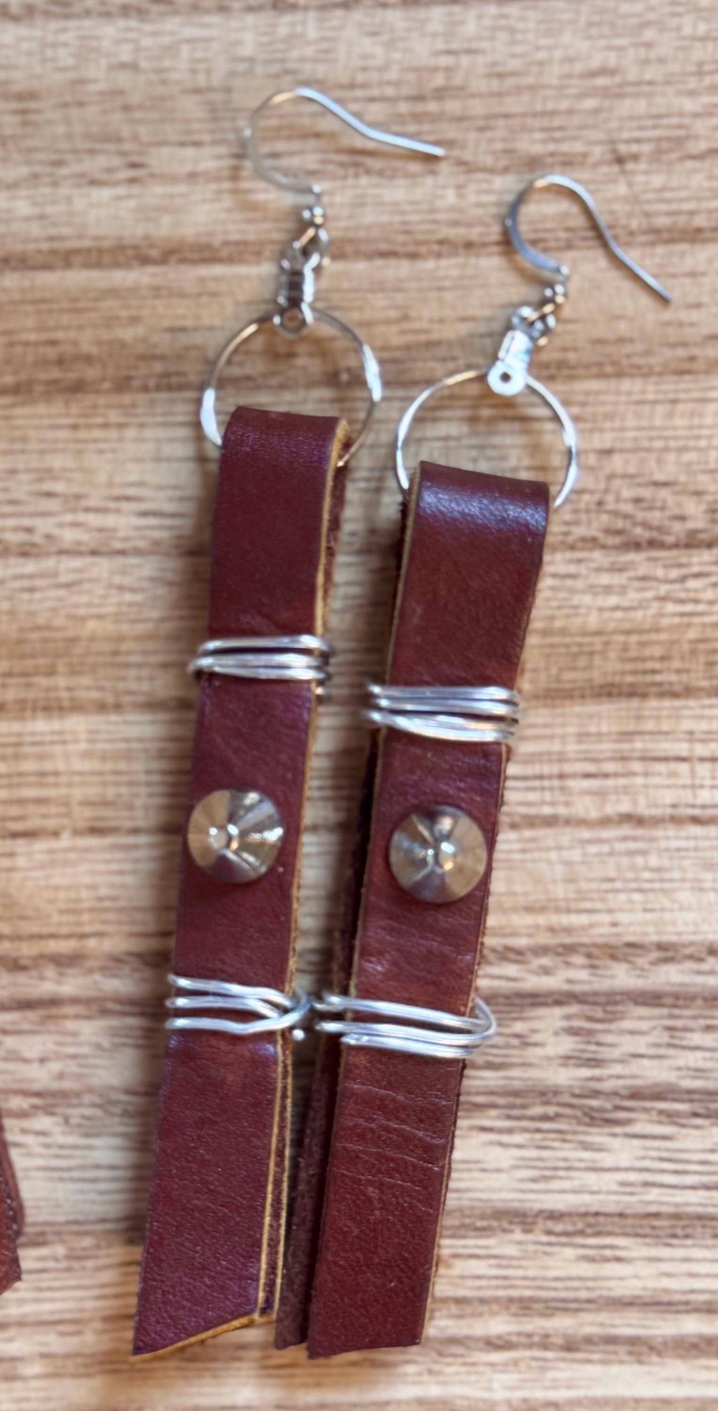 Studded Brown Leather Strip Earrings Wrapped With Silver Wire