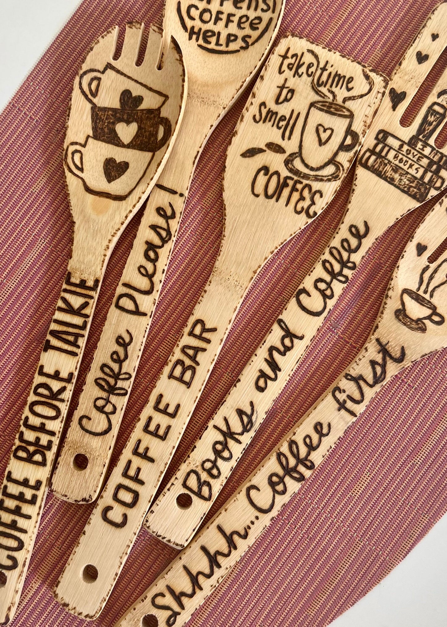 Custom Engraved Bamboo Cooking Utensil Set: Hand-Burned Coffee Design
