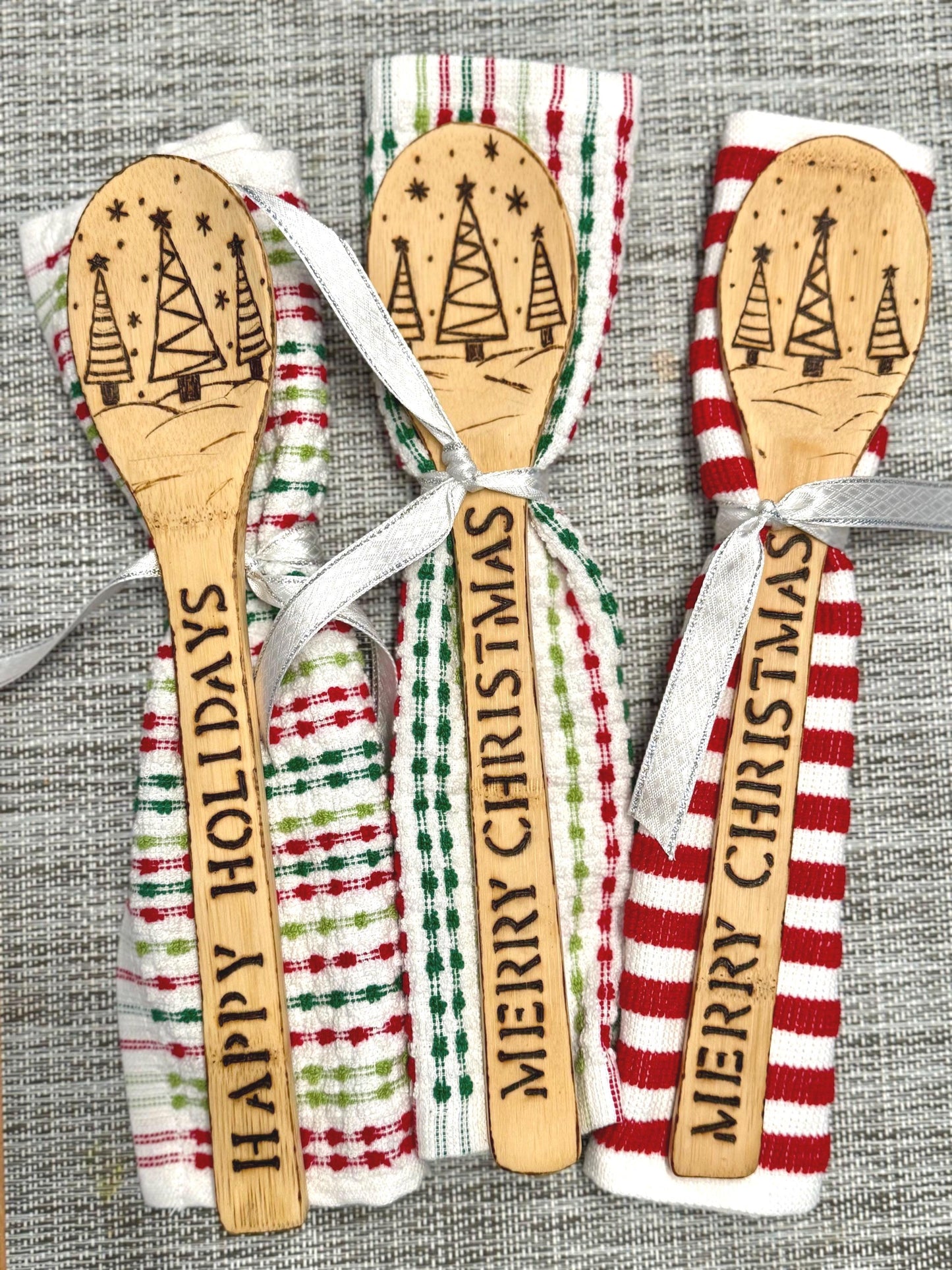 Personalized Christmas Kitchen Gift Set: Wood Burned Spoon & Dish Towel