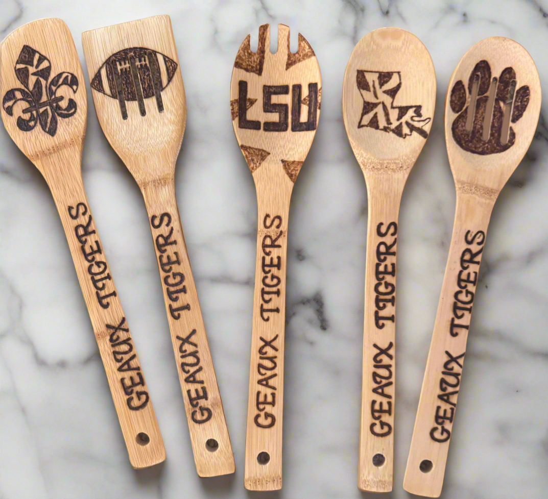 LSU-Inspired Utensil Set: Custom Engraved Bamboo Cooking Utensil 5 Pc Set With Optional Personalization