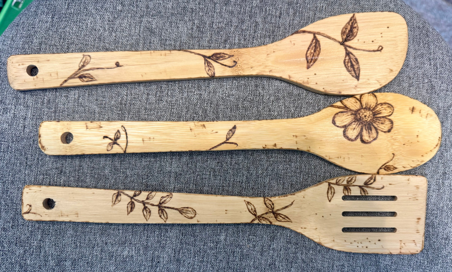 Custom Engraved Floral Bamboo Cooking Utensil 3 Pc Set With Optional Personalization