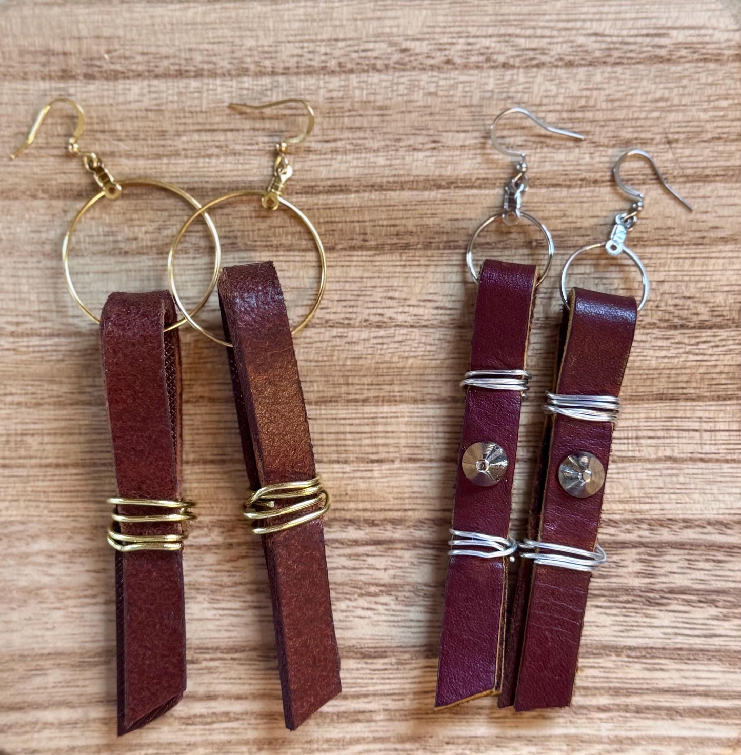 Studded Brown Leather Strip Earrings Wrapped With Silver Wire