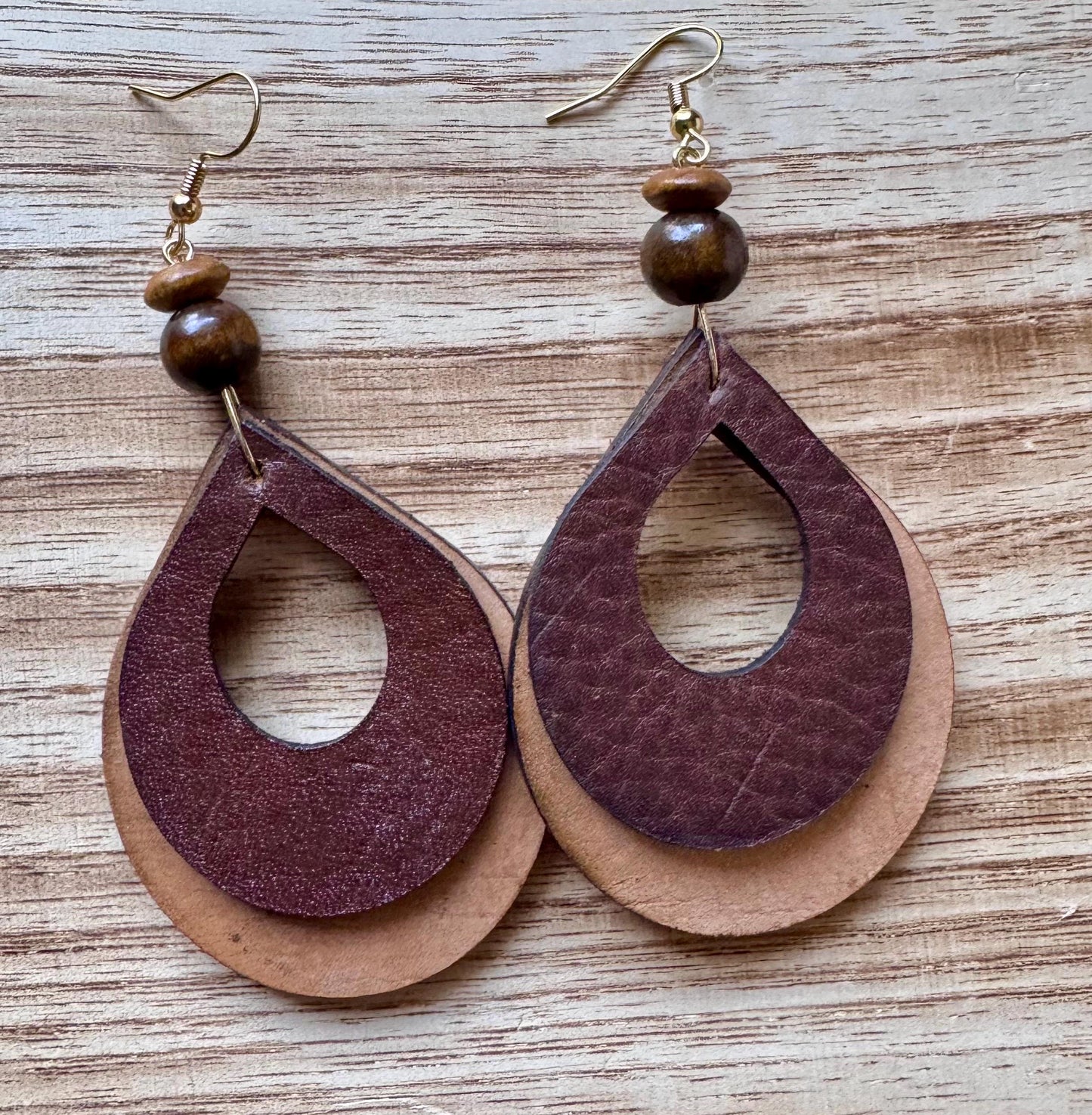 Handcrafted Leather Teardrop Earrings: Brown & Turquoise Boho Dangles