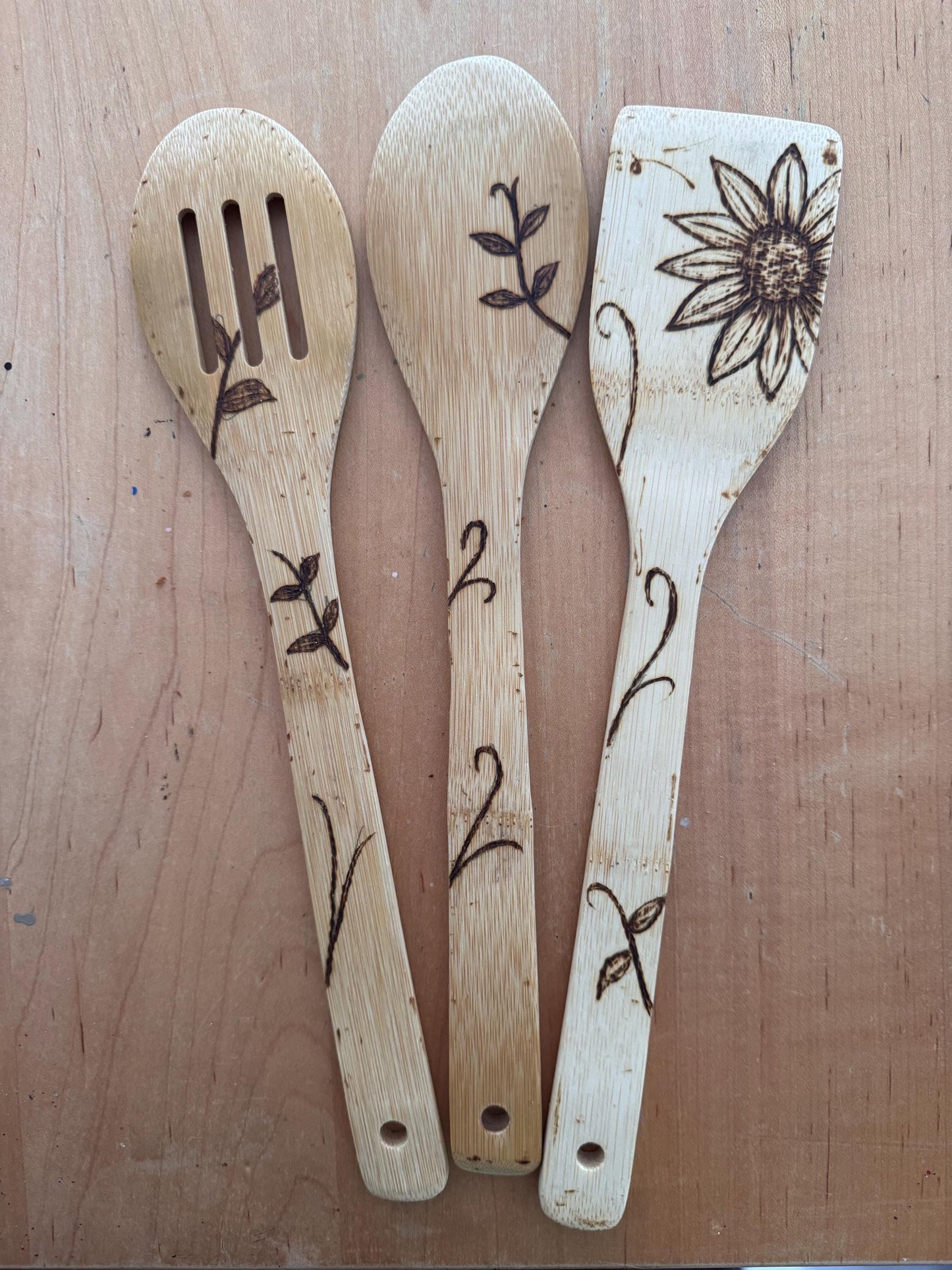 Hand-Engraved Floral Bamboo Cooking Utensil Set With Optional Personalization, Unique Kitchen Gift Set