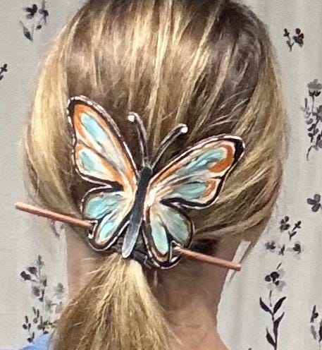 Hand-Painted Butterfly Leather Hair Slide with Wood Stick; Leather Hair Barrettes