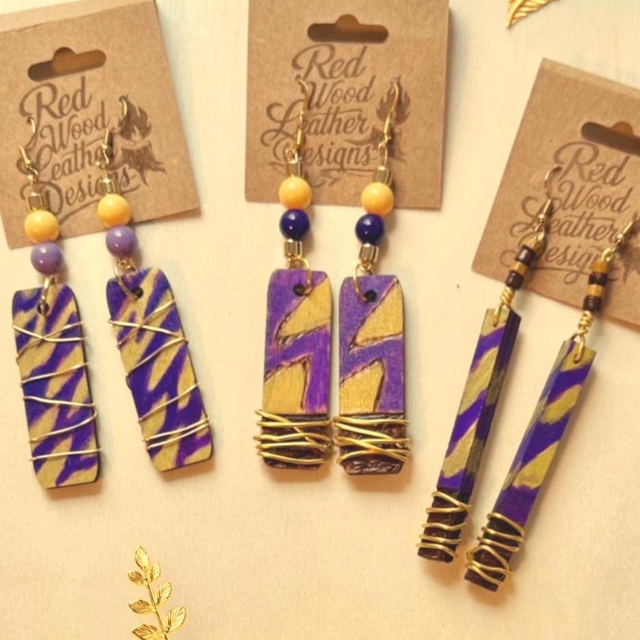LSU-Themed Wooden Dangle Earrings: Hand-Painted Purple and Gold Tiger Stripes