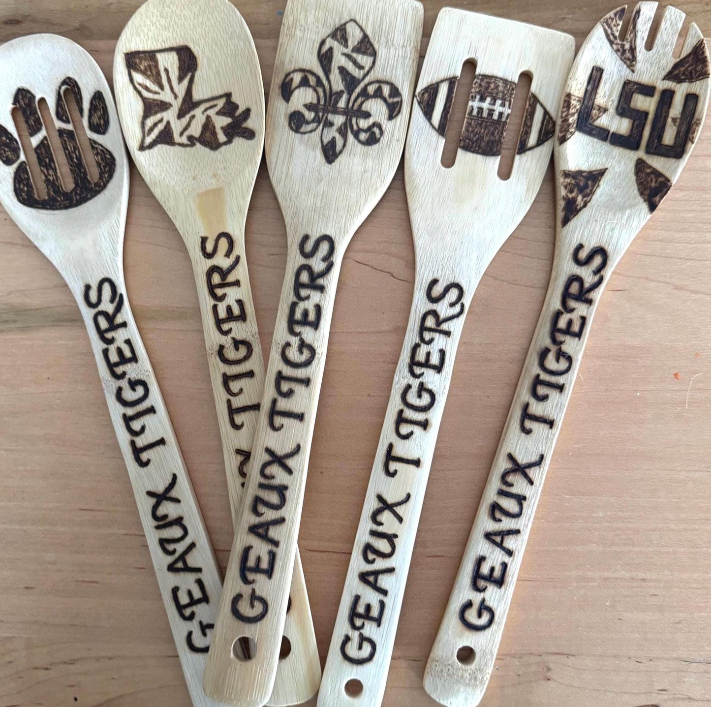 LSU-Inspired Utensil Set: Custom Engraved Bamboo Cooking Utensil 5 Pc Set With Optional Personalization