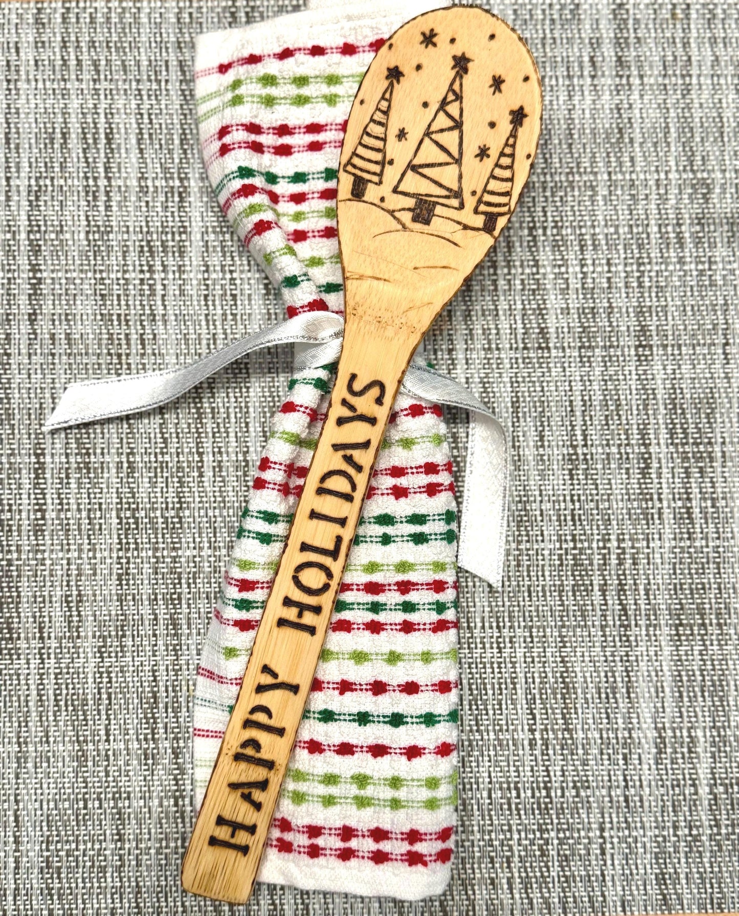 Personalized Christmas Kitchen Gift Set: Wood Burned Spoon & Dish Towel