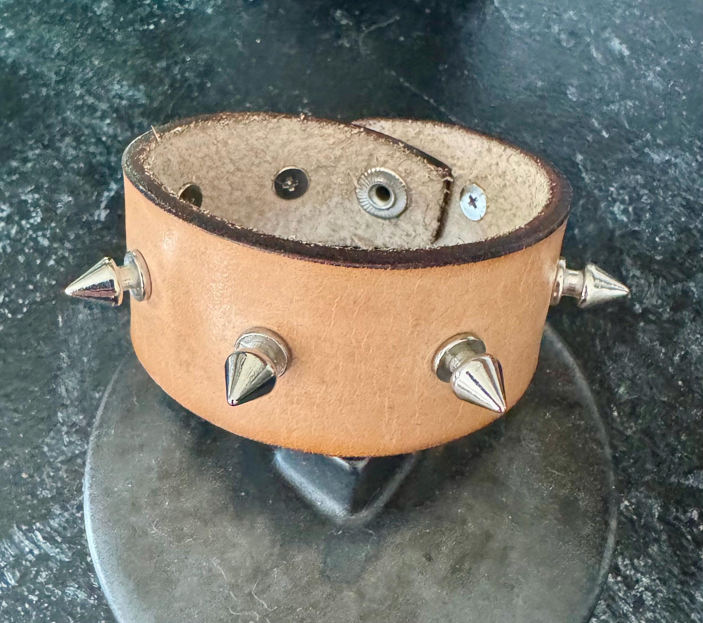 Custom Studded Tan Leather Cuff: Spiked Punk Bracelet
