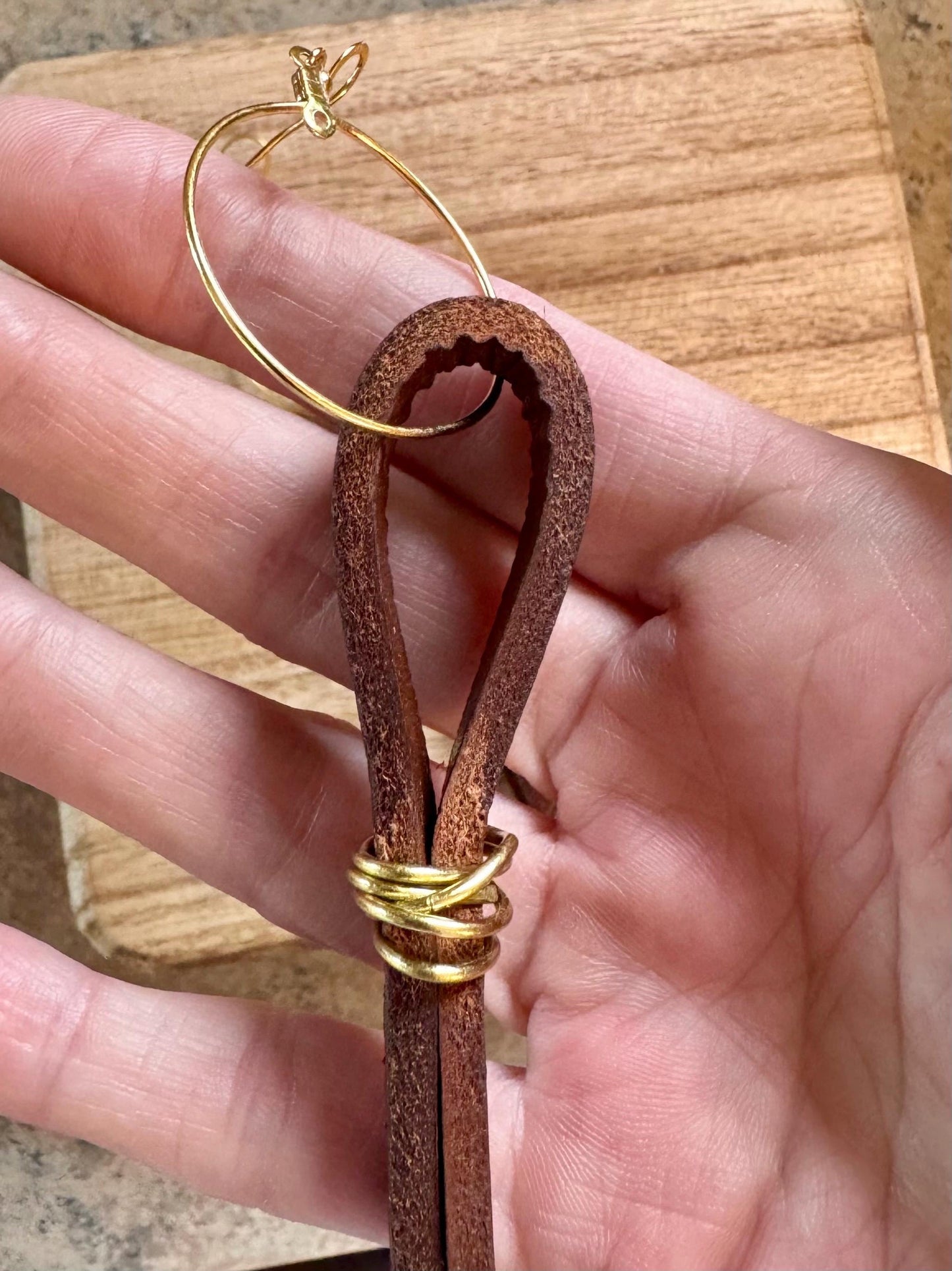 Studded Brown Leather Strip Earrings Wrapped With Silver Wire
