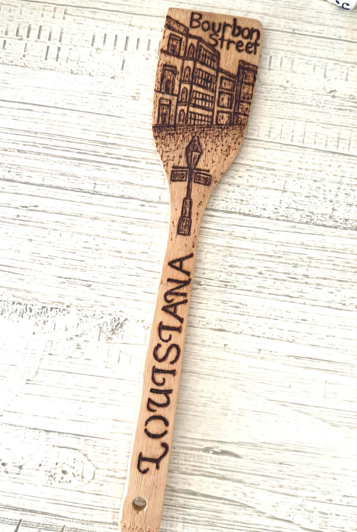 Custom Engraved Bamboo Wooden Spatula: Hand-Wood Burned Bourbon Street Scene, New Orleans, Louisiana Art And Gifts
