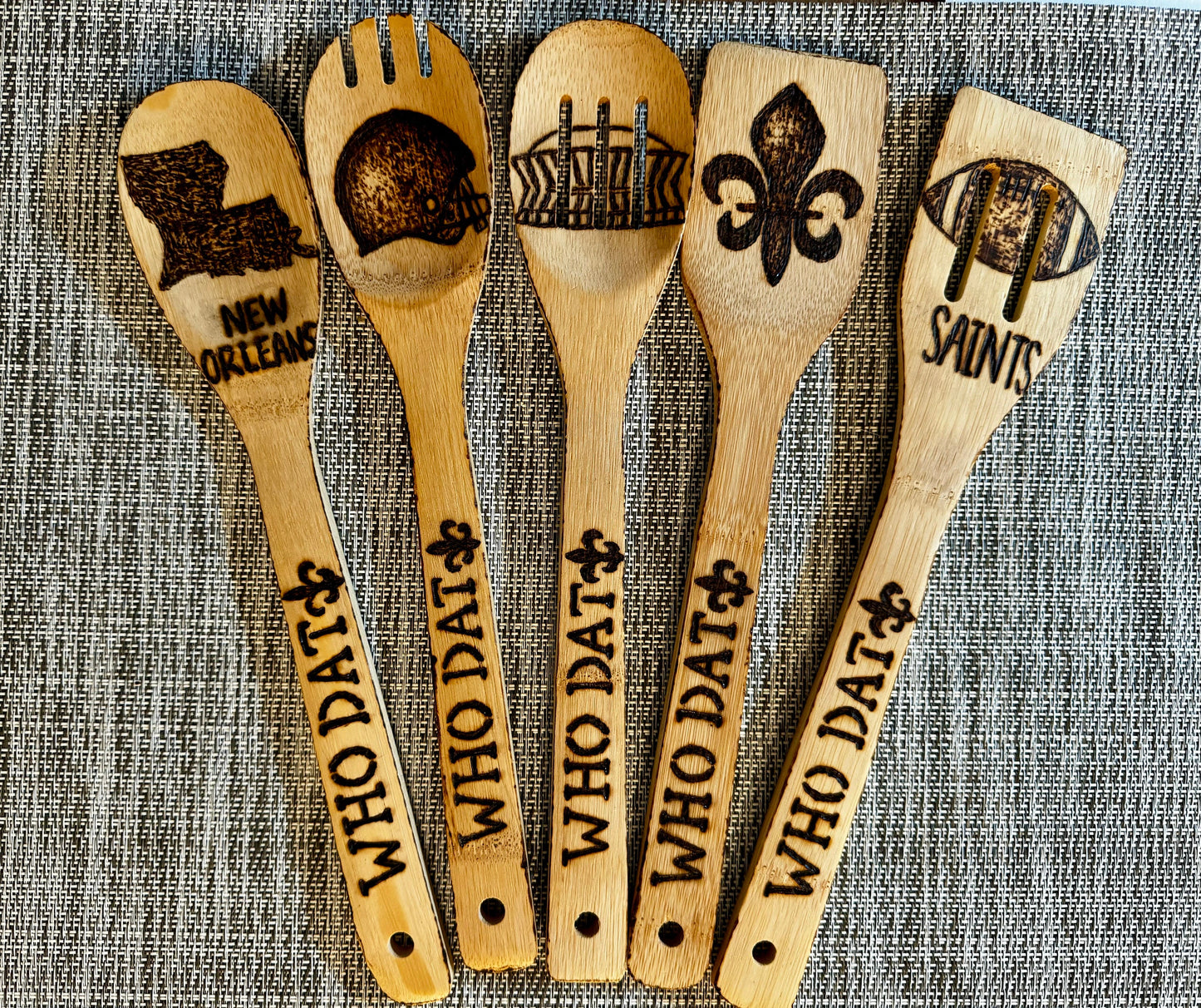 Custom Engraved Bamboo Cooking Utensil Set, New Orleans Saints Theme