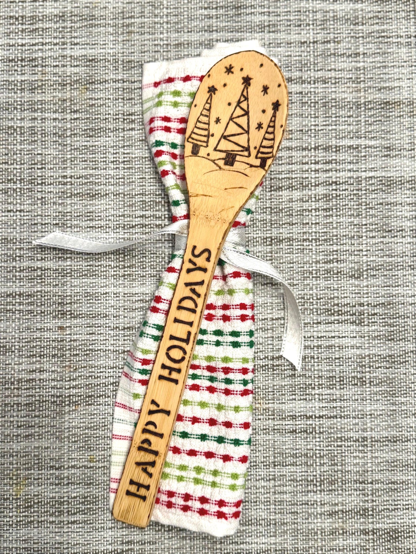 Personalized Christmas Kitchen Gift Set: Wood Burned Spoon & Dish Towel