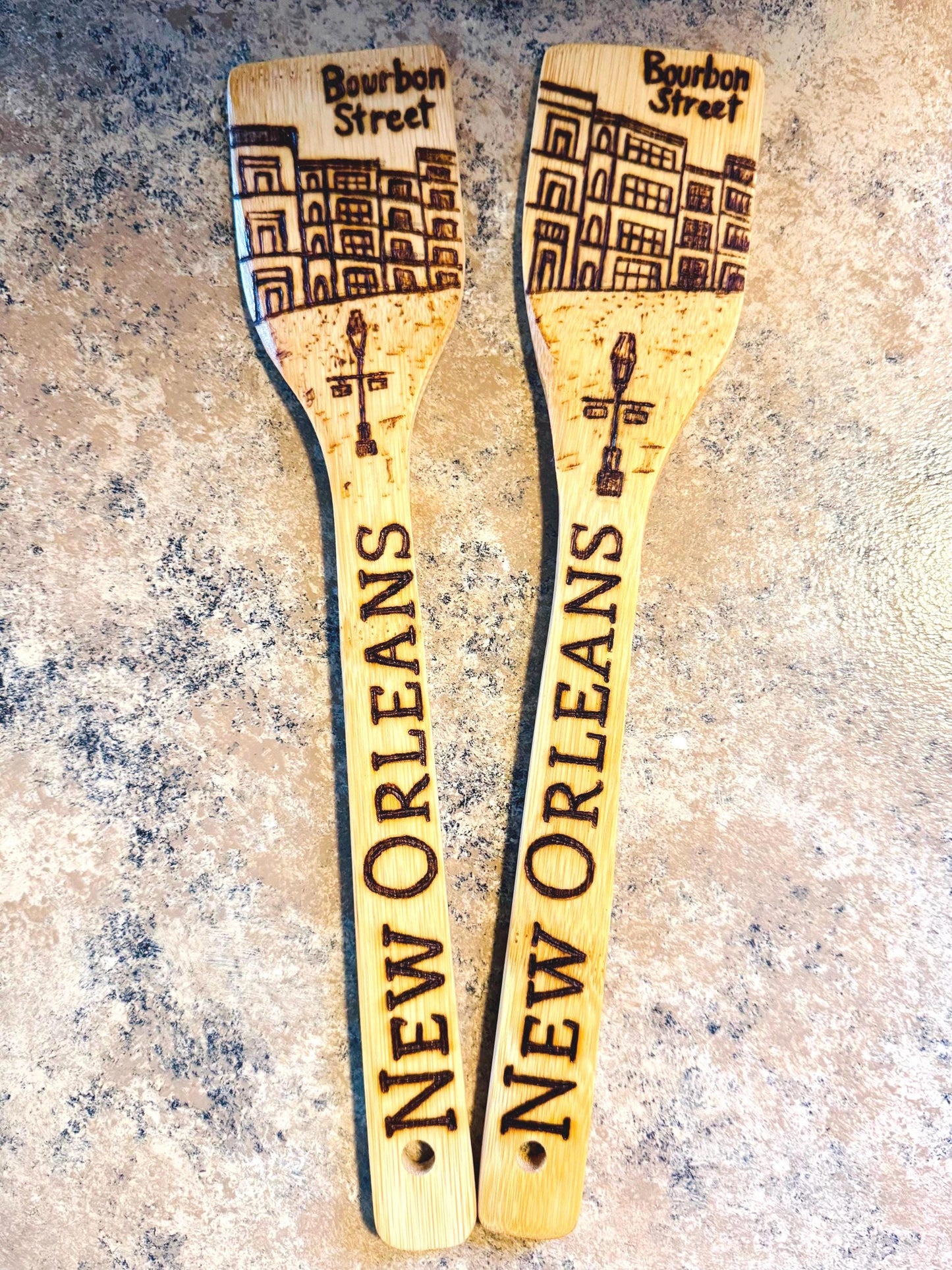 Custom Engraved Bamboo Wooden Spatula: Hand-Wood Burned Bourbon Street Scene, New Orleans, Louisiana Art And Gifts