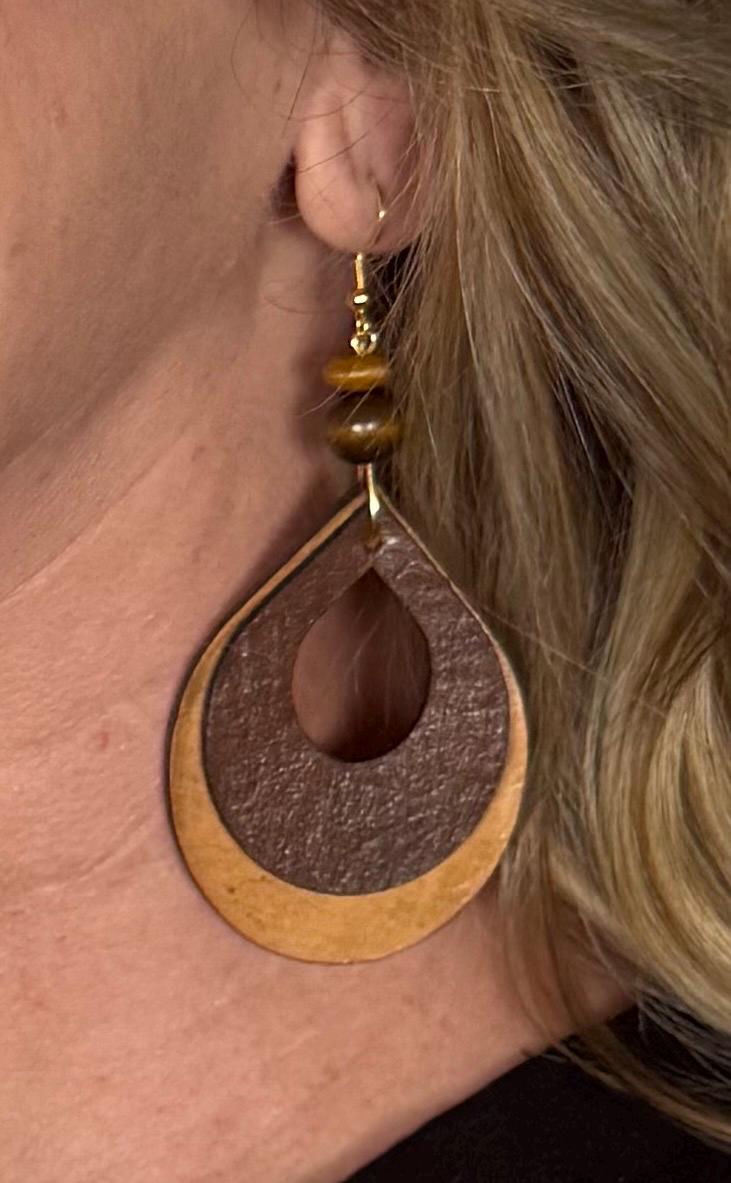 Handcrafted Leather Teardrop Earrings: Brown & Turquoise Boho Dangles