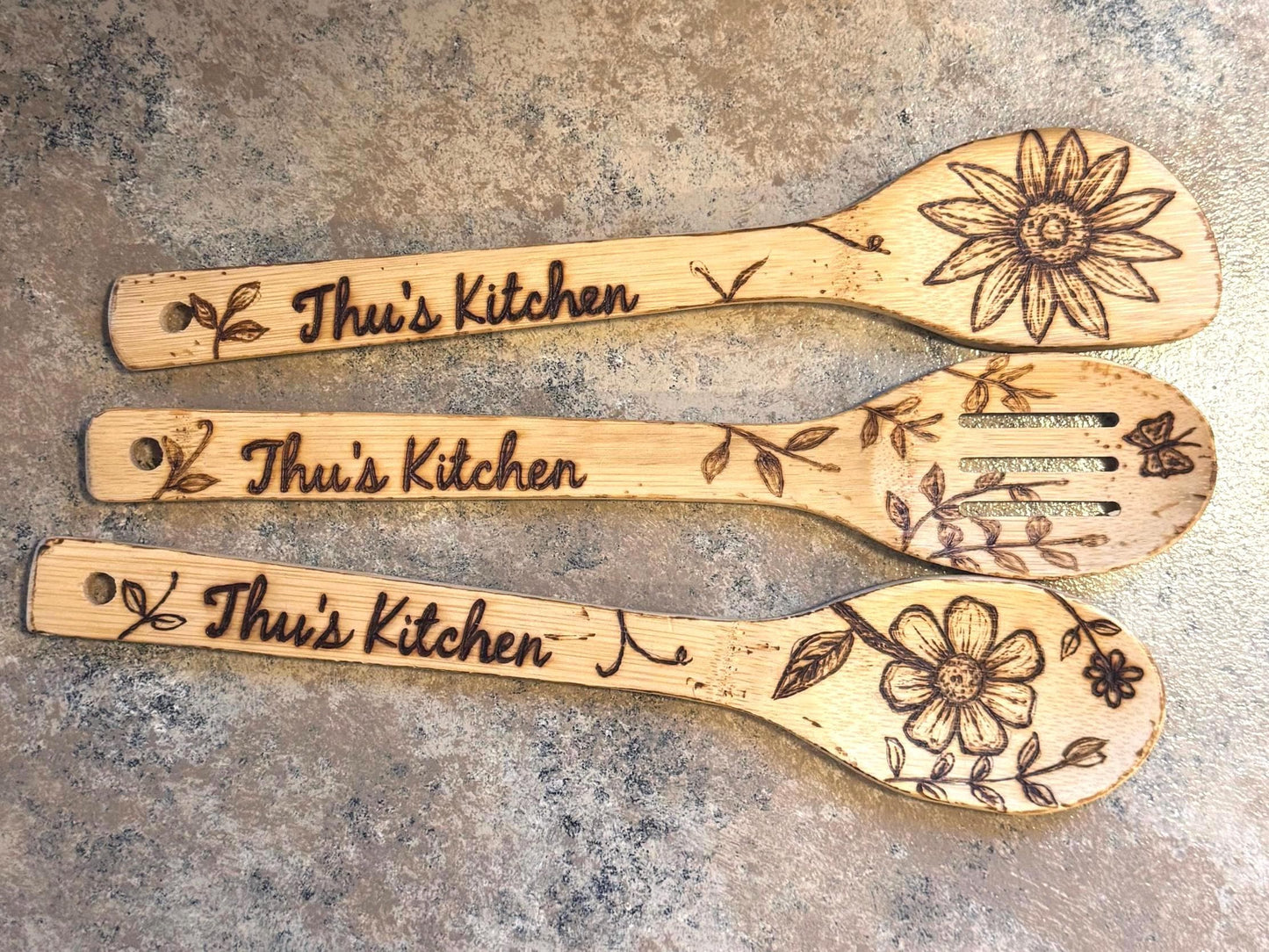 Personalized Hand-Engraved Bamboo Cooking Utensil 3 Piece Set, Custom Kitchen Gift Set, Wooden Cooking Utensils With Floral Engraved Design