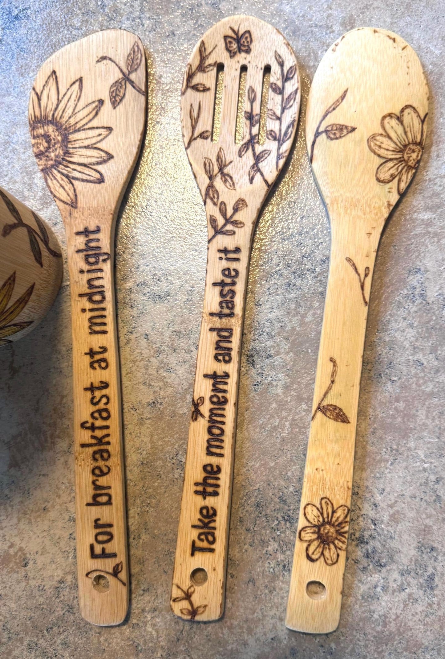 Personalized Hand-Engraved Bamboo Cooking Utensil 3 Piece Set, Custom Kitchen Gift Set, Wooden Cooking Utensils With Floral Engraved Design