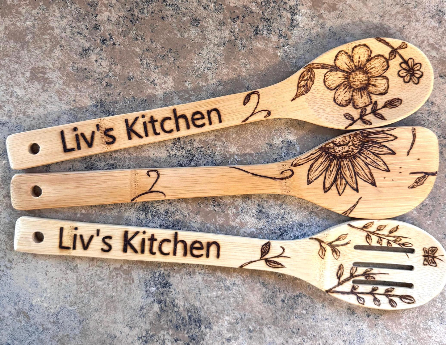 Personalized Hand-Engraved Bamboo Cooking Utensil 3 Piece Set, Custom Kitchen Gift Set, Wooden Cooking Utensils With Floral Engraved Design