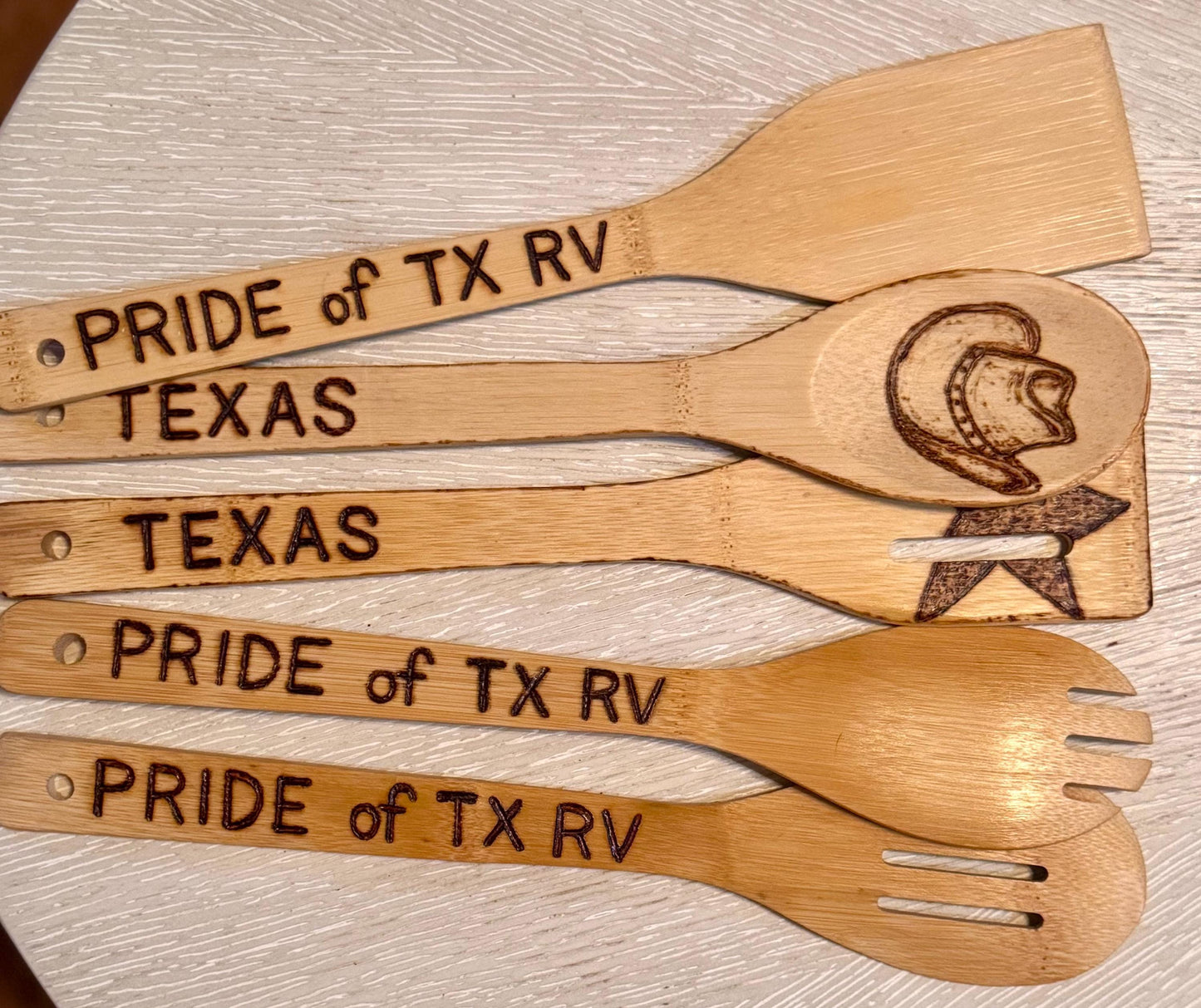 Custom Texas-Inspired Bamboo Cooking Utensil 5 Pc Set With Optional Personalization