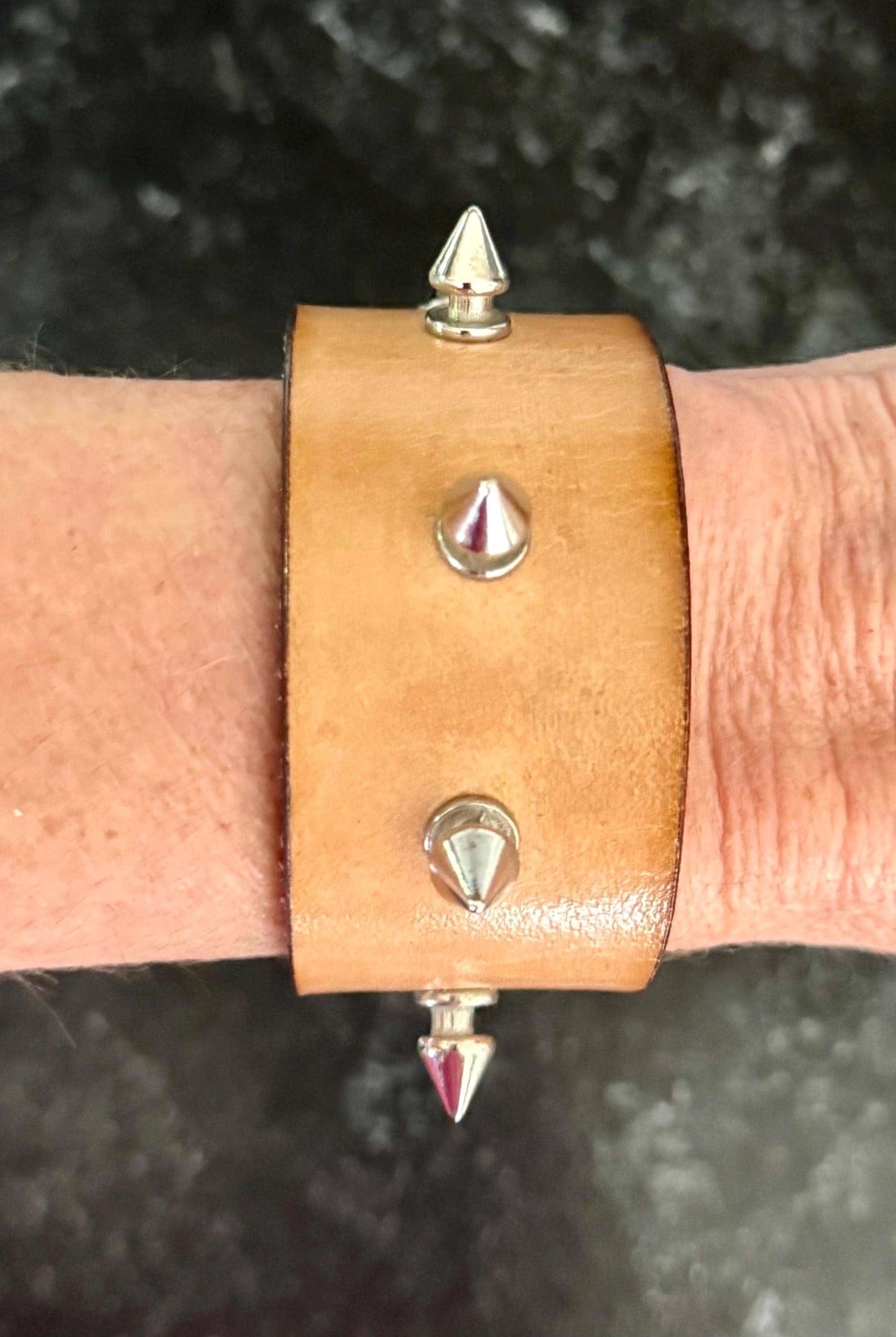 Custom Studded Tan Leather Cuff: Spiked Punk Bracelet