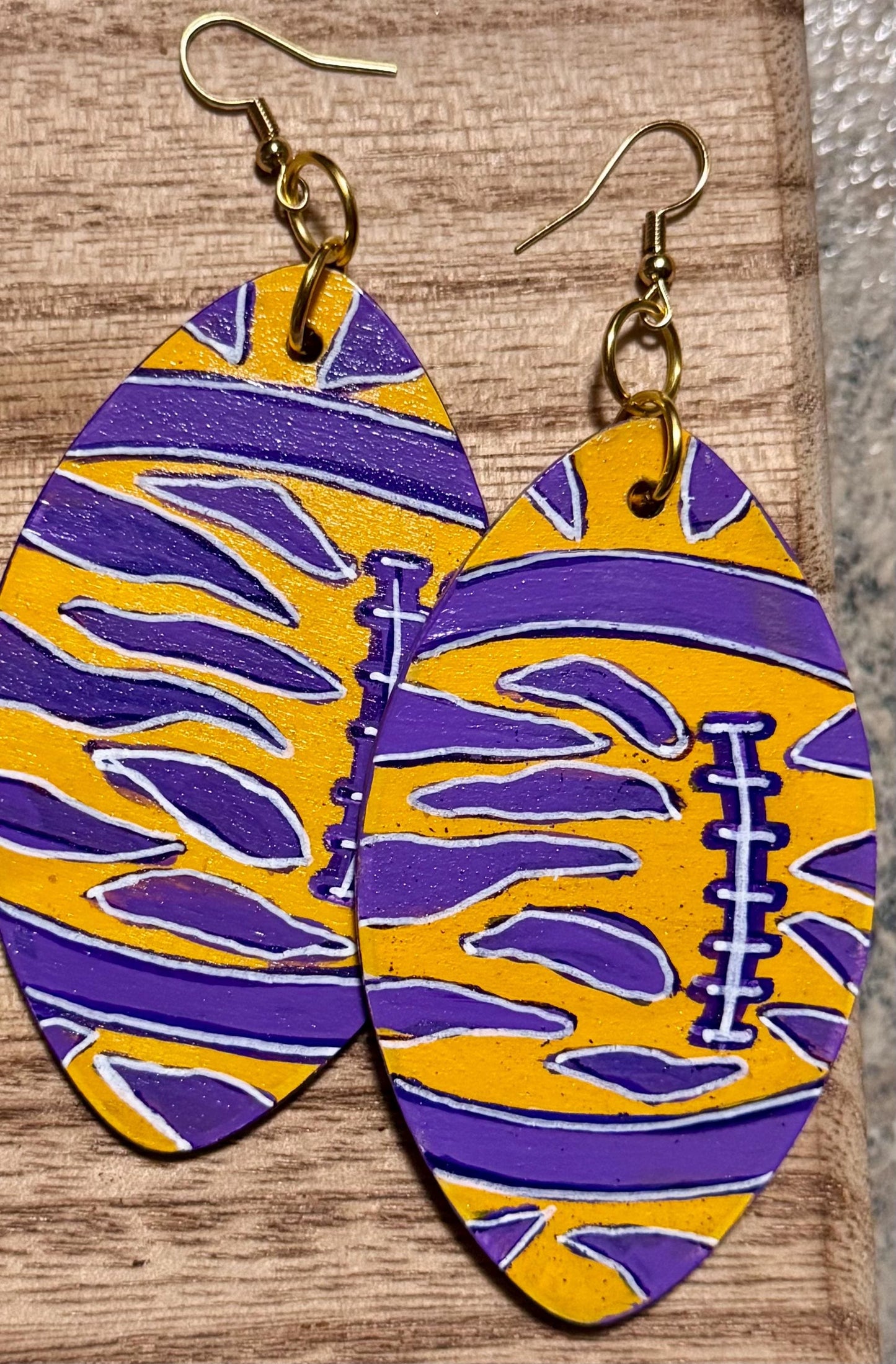 LSU-Themed Purple And Gold Football Shaped Wooden Earrings
